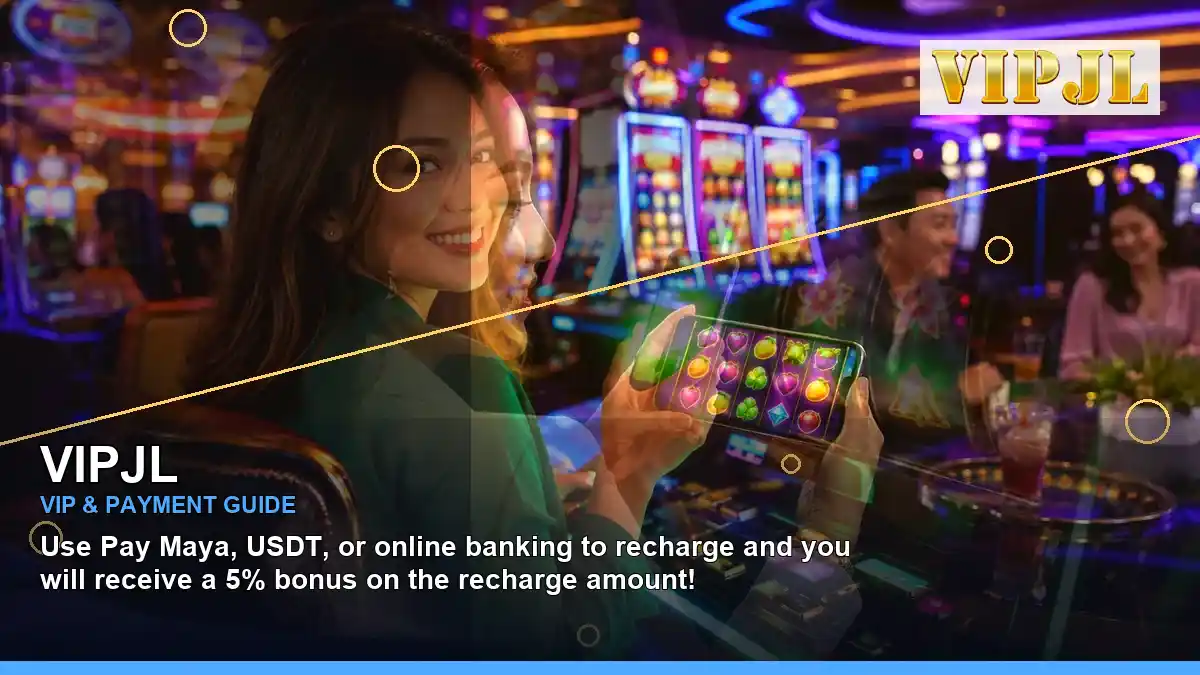 VIPJL VIP casino rewards featuring an adult Filipina casino host with a left-diagonal composition